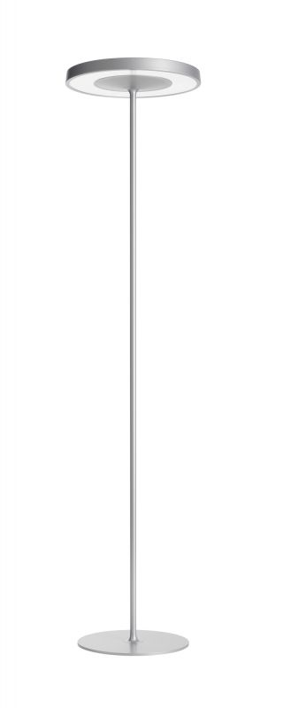 Silberne Belux Disk Stehleuchte mit kreisförmigem Lampenschirm und Fuß für modernes Wohnambiente.
